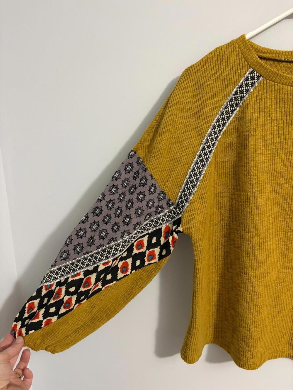THML Ribbed Top Mustard Yellow Medium Patchwork Sleeves Decorative Trim Boho - Picture 4 of 8